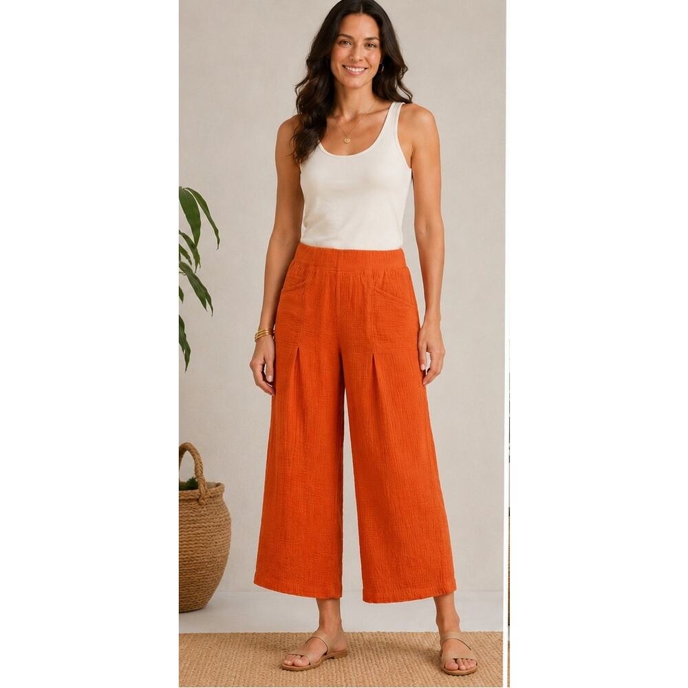 XCVI Orange Cotton Gauze Wide Leg Crop Pants XS